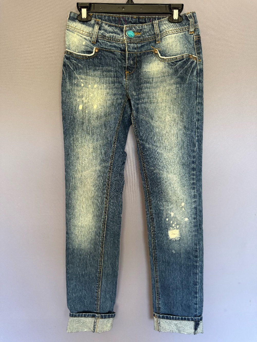Desigual Regular Fit Jeans with Turquoise Stone Button — Size 25